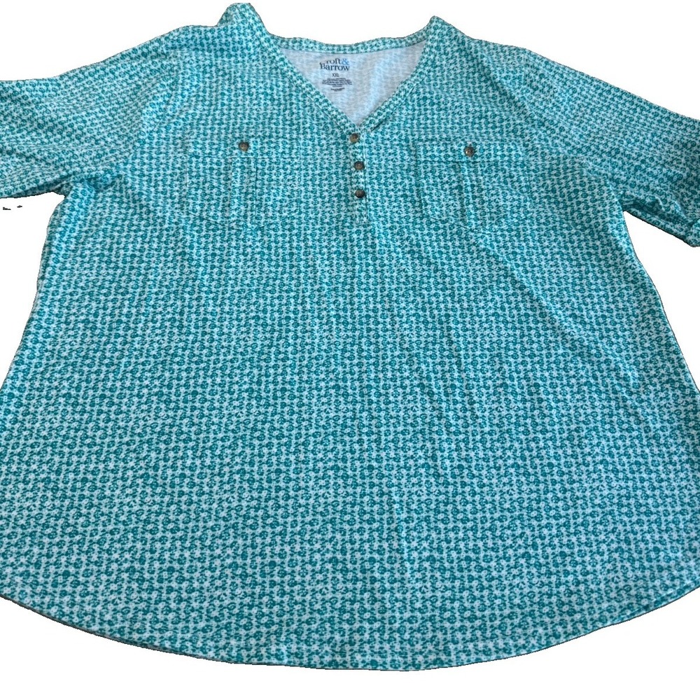 Croft & Barrow XXL Teal Floral Long Sleeve Henley Shirt Pockets Plus Size